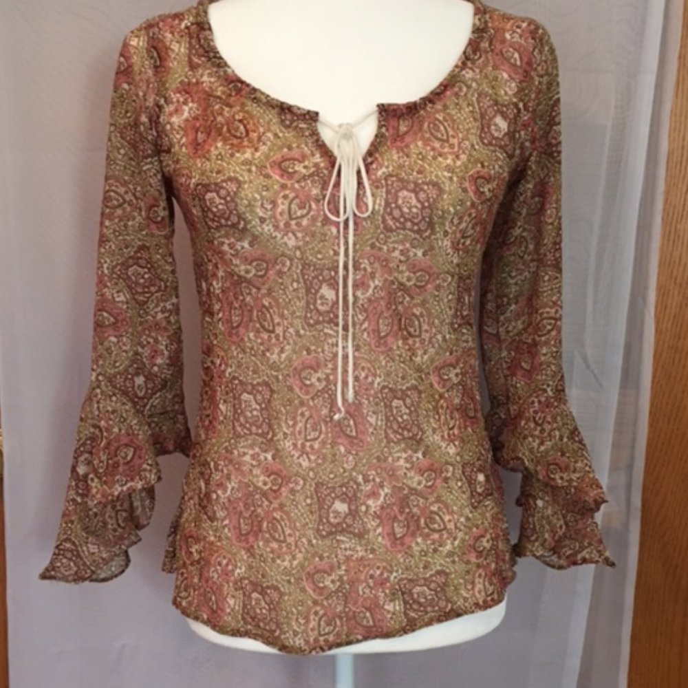 BOHO Brown Flowy Drawstring Top Scallop Sleeves